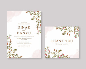 Wedding card invitation template with watercolor leaves