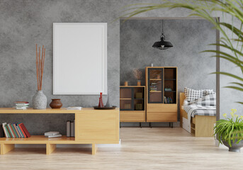 3D Modern interior of bedroom with mockup photo frame