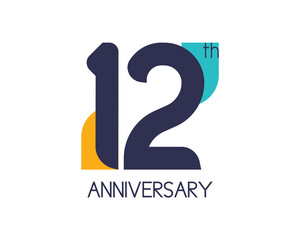 12th anniversary geometric logo. Overlap shapes for birthday design. Minimalist twelve year celebration - obrazy, fototapety, plakaty