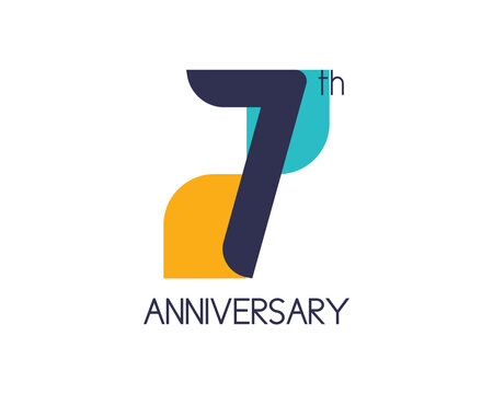 7th anniversary geometric logo. Overlap shapes for birthday design. Minimalist seven year celebration