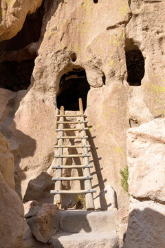 A wooden ladder leading to a cave dwelling at the Bandelier National Monument