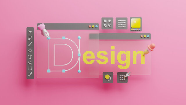 Graphic designer creative creator design logo artwork curve pen tool illustration equipment icons digital computer display workspace. Graphic design software. 3d rendering.