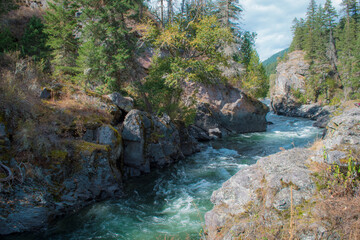 Adams River Canyon in Tsútswecw (Roderick Haig-Brown) Provincial Park, British Columbia, BC, Canada. Powerful whitewater, rocky canyon and forest