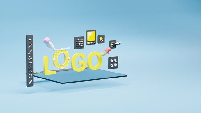 Graphic designer creative creator design logo artwork curve pen tool illustration equipment icons digital computer display workspace. Graphic design software. 3d rendering.
