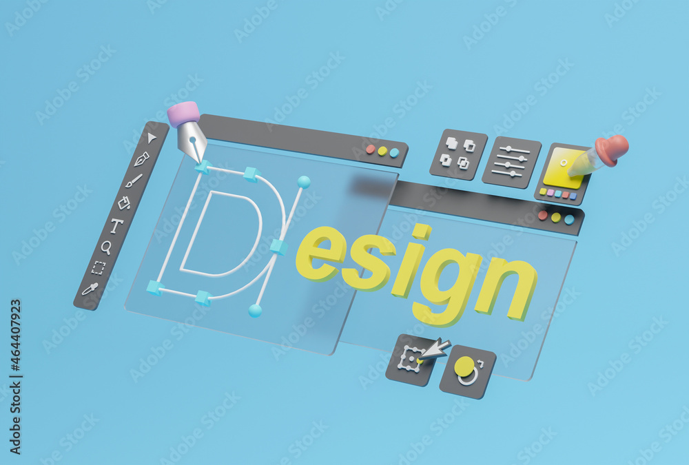Fototapete Graphic designer creative creator design logo artwork curve pen tool illustration equipment icons digital computer display workspace. Graphic design software. 3d rendering.