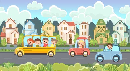 Street traffic. Cartoon childrens illustration. Children on vacation. Town landscape with suburban road. Automotive tourism. Travel children. Fun and happy. Vector