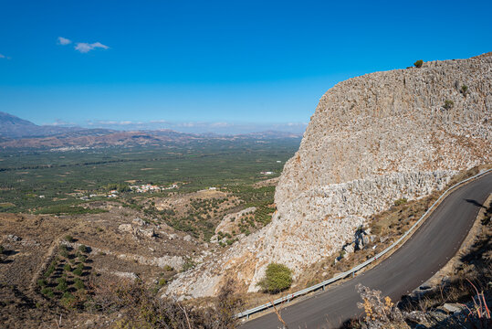 On the way crossing the Asterousia mountains to Lentas. Scenic outlook downwards to the great Messara plain in the south of Crete. 