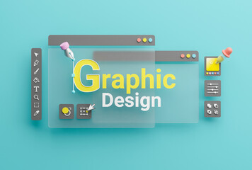 Graphic designer creative creator design logo artwork curve pen tool illustration equipment icons digital computer display workspace. Graphic design software. 3d rendering. - obrazy, fototapety, plakaty