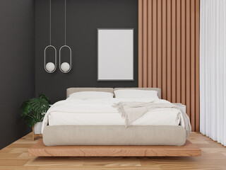 Fototapeta na wymiar 3D Modern interior of bedroom with mockup photo frame