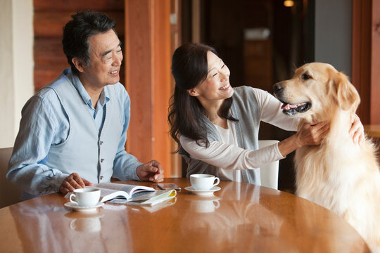犬をあやす中高年夫婦