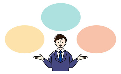 何かを紹介(プレゼン)する様子のビジネスマン.