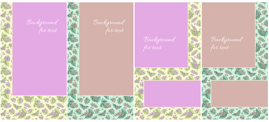 Fototapeta premium Set multicolored vertical Template Background for Holidays stories on floral yellow and turquoise seamless pattern. Rectangular and square pink and brown Backgrounds for text. Felt pen Floral Element