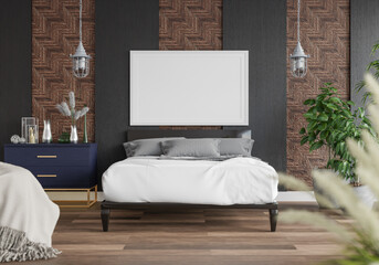 3D Modern interior of bedroom with mockup photo frame