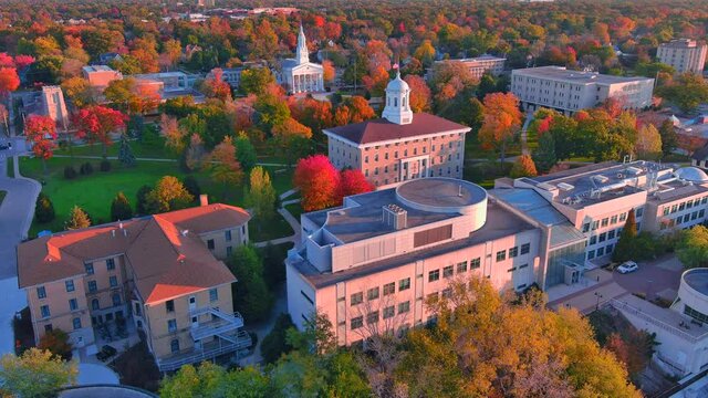 Sunrise flyover of beautiful Autumn colors in Appleton Wisconsin.
