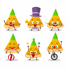 Cartoon character of slice of egg tart with various circus shows