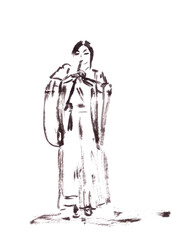 girl musician in chinese hanfu playing xiao flute, ink drawing in chinese style