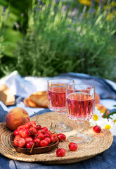 Set for picnic on blanket in lavender field