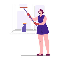 Housewife housekeeper woman doing cleaning in the house washes the window. Vector illustration in flat style.