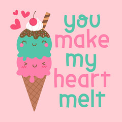 Cute ice cream cones couple illustration with text “You make my heart melt” for valentine’s day card design.