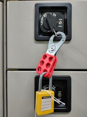 Lockout Tagout , Electrical safety system.Key lock switch or circuit breaker for safety protect.in electric room - 464417792
