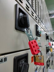 Lockout Tagout , Electrical safety system.Key lock switch or circuit breaker for safety protect.in electric room - 464417905