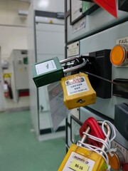 Lockout Tagout , Electrical safety system.Key lock switch or circuit breaker for safety protect.in electric room - 464419599
