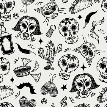 Day of the dead seamless vector pattern. Hand-drawn illustration isolated on white background. Traditional Mexican symbols- white sugar skulls, cactus, tequila, nachos, maracas. Monochrome concept.