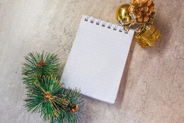 Happy New Year. Holiday Decoration or postcard concept with flat lay copy space