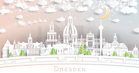 Dresden Germany City Skyline in Paper Cut Style with Snowflakes, Moon and Neon Garland.