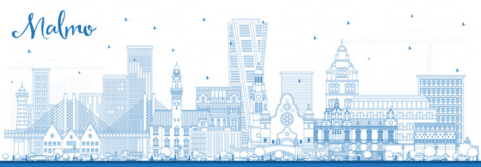 Outline Malmo Sweden City Skyline with Blue Buildings.