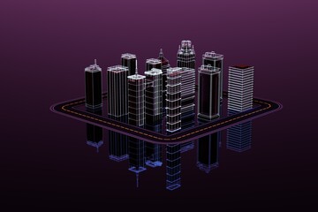 3D model of a city with skyscrapers and a highway road around. 3D illustration of isolated skyscrapers on a dark purple background. 3D graphics