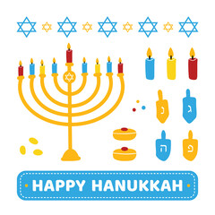 Set, collection of cute and colorful Hanukkah vector design elements. Menorah with nine lighting candles, david stars border, dreidels, coins, sufganiyot.