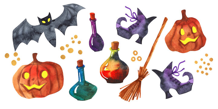 Halloween set with Pumpkins, bat, potion bottles, witch broom and witch shoes. Hand drawn style watercolour. Isolated on white.