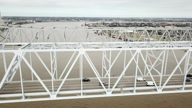 Vehicles Crossing The Crescent City Connection Bridge In Gretna, Louisiana, USA. aerial