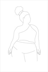 Contemporary abstract poster with a full female African woman in an overweight swimsuit. Drawing with a line. The concept of body positivity, female beauty, love for your body. Vector graphics.