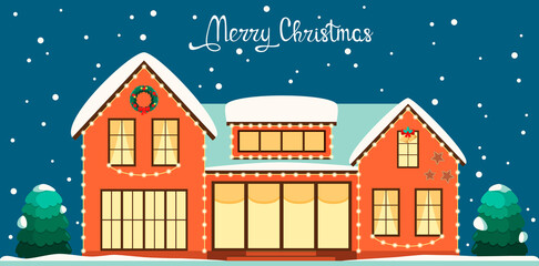 Christmas card. A house decorated with a garland. Snow. Flat design.