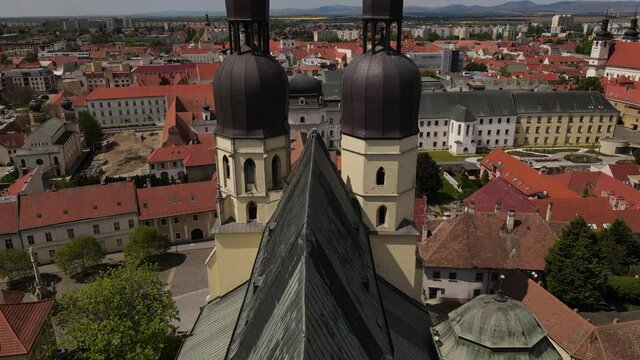 View on the Trnava city from above through church towers.