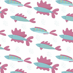 Childrens hand-drawn seamless pattern with fishes. Patern with cute fish. The pattern is suitable for prints, wrapping paper and banners.