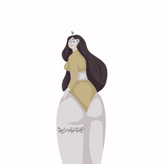 Vector illustration for the body positivity concept.  Illustration with a plus size girl with tattoo with wavy long black hair. Illustration for posters, postcards, decor, printing