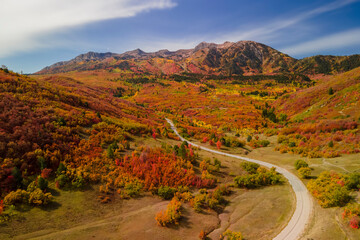 Aerial view of Snow basin in Utah filled with brilliant fall foliage near Mt Ogden