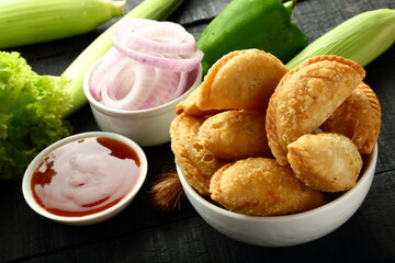 Homemade delicious and spicy vegetable curry pastry, puffs. 