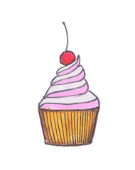 Cupcake drawing with crayon on white background