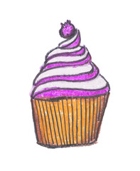 Cupcake drawing with crayon on white background