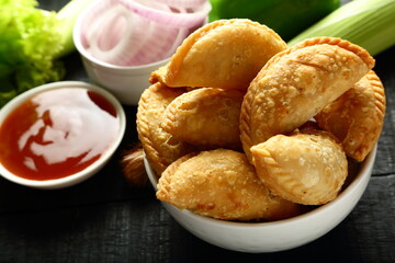 Homemade delicious and spicy vegetable curry pastry, puffs. 