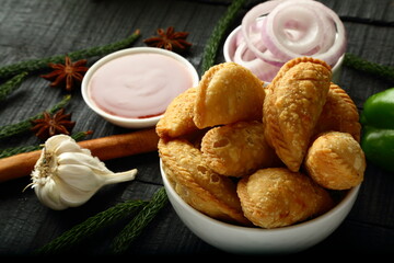 Indian street foods- vegetable samosa, curry puffs.