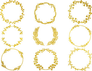 ゴールドのリーフ・植物のリース・フレームセット　ベクター素材