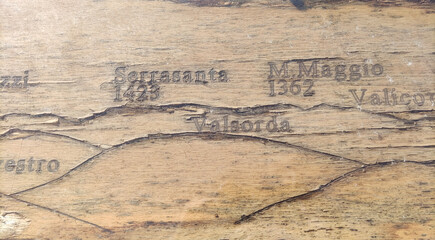 Vecchia tavola di legno incisa con le indicazioni altezza monti