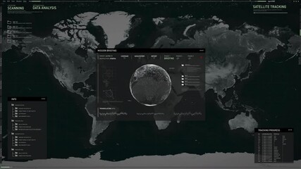 Searching system is analyzing the matrix of the world map. Searching technology scanning the map matrix. Searching system investigating the map matrix of the specific region. Spying Interface. Data. - Powered by Adobe