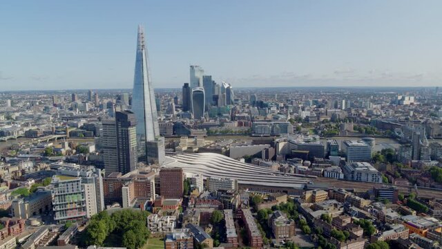 Aerial view of London from the South looking towards The Shard, London Bridge Station, River Thames and the City in the background.