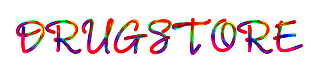 Drugstore - text written with colorful custom font on white background. Colorful Alphabet Design 3D Typography